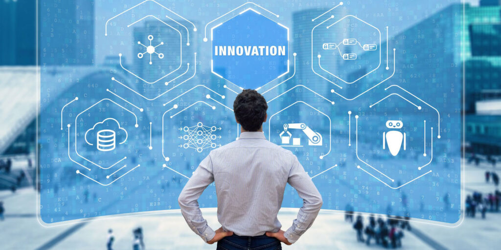 Digital transformation concept with futuristic interface, AI data analytics and cloud computing technologies