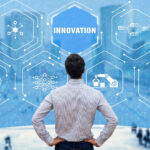 Digital transformation concept with futuristic interface, AI data analytics and cloud computing technologies