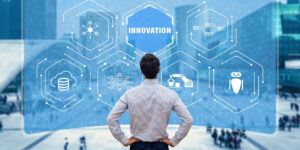 Digital transformation concept with futuristic interface, AI data analytics and cloud computing technologies
