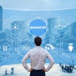 Digital transformation concept with futuristic interface, AI data analytics and cloud computing technologies