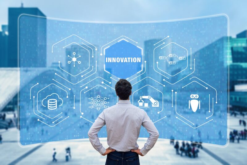 Digital transformation concept with futuristic interface, AI data analytics and cloud computing technologies