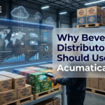 A professional blog featured image titled "Why Beverage Distributors Should Use Acumatica ERP" displayed on a semi-transparent glassmorphism overlay. The background shows a modern, tech-driven USA warehouse filled with organized pallets of beverage cartons like beer and soda. In the top left corner is the Techmatic Systems logo. On the left, a digital holographic dashboard overlays the scene, displaying cloud-connected logistics, global supply chain tracking, and inventory data analytics powered by Acumatica ERP.