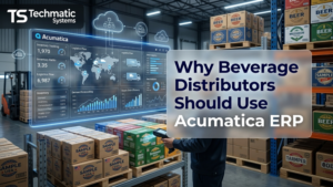 A professional blog featured image titled "Why Beverage Distributors Should Use Acumatica ERP" displayed on a semi-transparent glassmorphism overlay. The background shows a modern, tech-driven USA warehouse filled with organized pallets of beverage cartons like beer and soda. In the top left corner is the Techmatic Systems logo. On the left, a digital holographic dashboard overlays the scene, displaying cloud-connected logistics, global supply chain tracking, and inventory data analytics powered by Acumatica ERP.